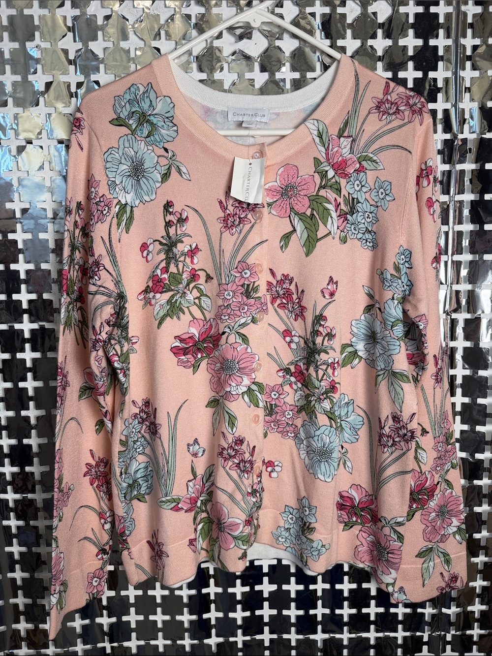 Charter Club Peach Floral Button-Front Cardigan with Blue & Pink Blooms